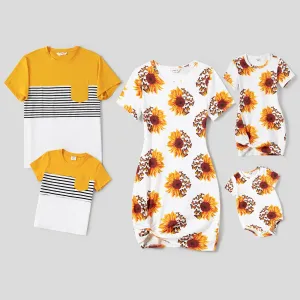 Family Matching Sunflower Print Short-sleeve Dresses and Colorblock Stripe Splice Short-sleeve T-shirts Sets #927788