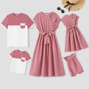 Family Matching Swiss Dot Belted Dresses and Two Tone Short-sleeve T-shirts Sets #1040698