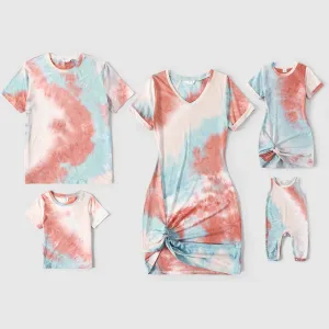 Family Matching Tie Dye Short-sleeve Twist Knot Bodycon Dresses and T-shirts Sets #769405