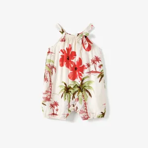 Family Matching Tropical Floral Beach Shirt and Button Strap Midi Dress Sets
