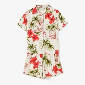 Family Matching Tropical Floral Printed Button Up Beach Shirt and Shorts Sets