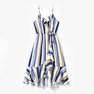 Family Matching Vertical Stripe Shirt and Overlap Flutter Trim Bow Decor Ruffle Hem Dress Sets #1327532