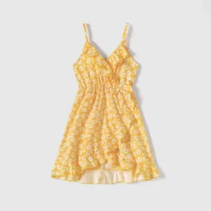 Family Matching Yellow Floral Print Surplice Neck Ruffle Trim Wrap Cami Dresses and Colorblock Short-sleeve T-shirts Sets #202391