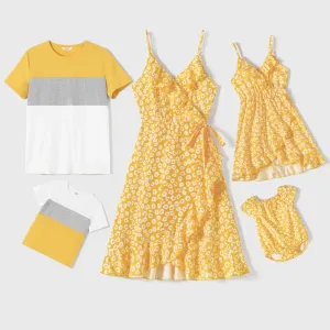Family Matching Yellow Floral Print Surplice Neck Ruffle Trim Wrap Cami Dresses and Colorblock Short-sleeve T-shirts Sets #202395