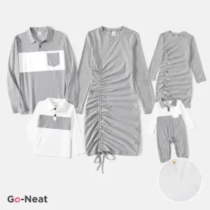 Go-Neat Matching Family Causal Drawstring Long Sleeve Dresses and T-shirt Set #1059899