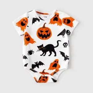 Halloween Family Matching 95% Cotton Short-sleeve Graphic T-shirts Allover Print Drawstring Ruched Bodycon Dresses Sets #815267