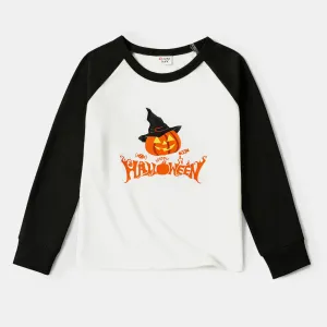 Halloween Family Matching Long-sleeve Letter & Pumpkin Lantern Print Spliced Dresses and Raglan-sleeve T-shirts Sets #1010248