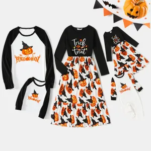 Halloween Family Matching Long-sleeve Letter & Pumpkin Lantern Print Spliced Dresses and Raglan-sleeve T-shirts Sets #815413