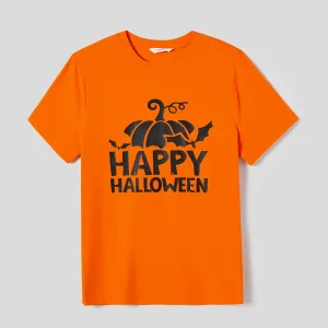 Halloween Family Matching Pumpkin Print Belted Dresses and Solid Letter Print Short Sleeve Tops Sets #1060849