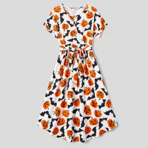 Halloween Family Matching Pumpkin Print Belted Dresses and Solid Letter Print Short Sleeve Tops Sets #1060851
