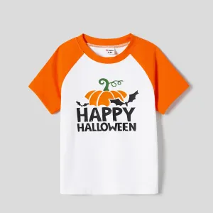Halloween Family Matching Pumpkin Print Belted Dresses and Solid Letter Print Short Sleeve Tops Sets #1060856