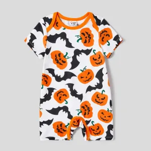 Halloween Family Matching Pumpkin Print Belted Dresses and Solid Letter Print Short Sleeve Tops Sets #1060867