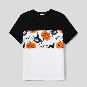 Halloween Family Matching Pumpkin Print Dresses and Short Sleeve Colorblock Tops Sets #1060811