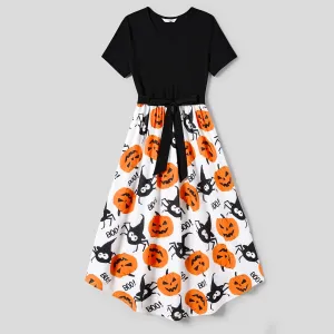 Halloween Family Matching Pumpkin Print Dresses and Short Sleeve Colorblock Tops Sets #1060814