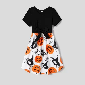Halloween Family Matching Pumpkin Print Dresses and Short Sleeve Colorblock Tops Sets #1060829