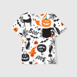 Halloween Fmaily Matching  Spaghetti Strap Pumpkin Sleeveless Dresses and Short Sleeve Tops Sets #1060879