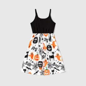 Halloween Fmaily Matching  Spaghetti Strap Pumpkin Sleeveless Dresses and Short Sleeve Tops Sets #1060884