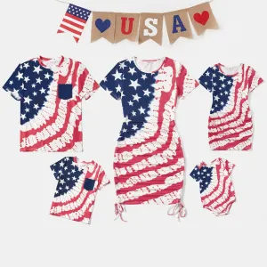 Independence Day Family Matching Allover Print Short-sleeve Drawstring Ruched Bodycon Dresses and T-shirts Sets #899559
