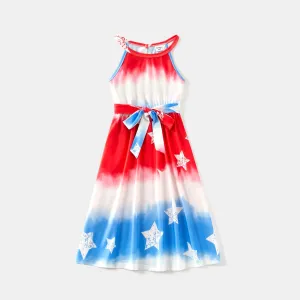 Independence Day Family Matching Allover Star Print Belted Tank Dresses and T-shirts Sets #897504