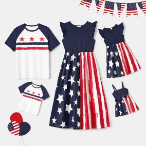 Independence Day Family Matching Cotton Raglan Sleeve Star & Striped Design T-shirts and Flutter-sleeve Spliced Dresses Sets #910102