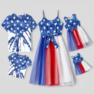 Independence Day Family Matching Cotton Star Print Spliced Colorful Mesh Cami Dresses and T-shirts Sets #917230