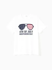 Independence Day Family Matching Sets Sunglasses Print Tee and American Flag Print Drawstring Waist Strap Dress with Pockets