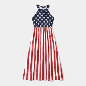 Independence Day Family Matching Stars & Striped Print Spliced Halter Neck Sleeveless Dresses and T-shirts Sets