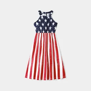 Independence Day Family Matching Stars & Striped Print Spliced Halter Neck Sleeveless Dresses and T-shirts Sets #915976