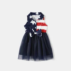 Independence Day Family Matching Stars & Striped Print Spliced Mesh Tank Dresses and Short-sleeve T-shirts Sets #1033059