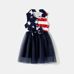 Independence Day Family Matching Stars & Striped Print Spliced Mesh Tank Dresses and Short-sleeve T-shirts Sets #1033062