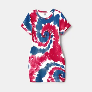 Independence Day Family Matching Tie Dye Short-sleeve Tunic Dresses and T-shirts Sets #1034211