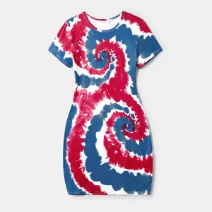 Independence Day Family Matching Tie Dye Short-sleeve Tunic Dresses and T-shirts Sets #1034218