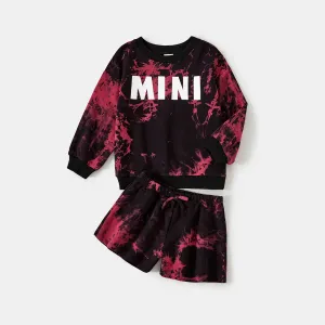 Mom and Me Letter Print Tie Dye Long-sleeve Top and Shorts Set #1076364