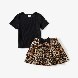 Mommy and Me Rib Black Top and Leopard Print Tiered Pleated Skirt Sets #1320938