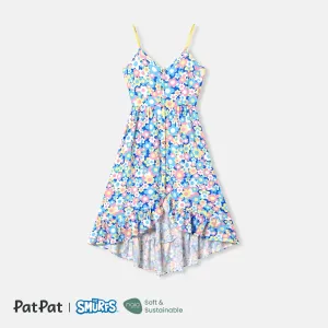 The Smurfs Family Matching Allover Floral Print Dip Hem Cami Dresses and Character Print Short-sleeve T-shirts Sets #1048701