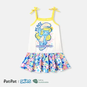 The Smurfs Family Matching Allover Floral Print Dip Hem Cami Dresses and Character Print Short-sleeve T-shirts Sets #1048713
