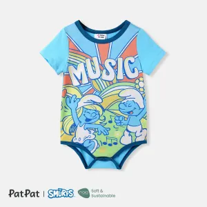 The Smurfs Family Matching Allover Floral Print Dip Hem Cami Dresses and Character Print Short-sleeve T-shirts Sets #1048715