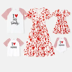 Mother's Day Family Matching 95% Cotton Letter Graphic Striped Raglan Sleeve T-shirts and Allover Red Heart Print Surplice Neck Ruffle-sleeve Belted N #220665