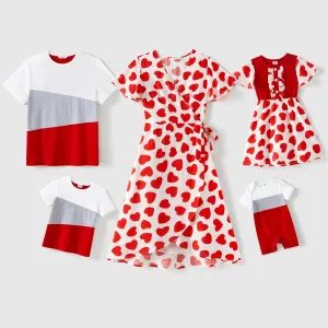 Family Matching 95% Cotton Short-sleeve Colorblock T-shirts and Allover Heart Print Dresses Sets #231842