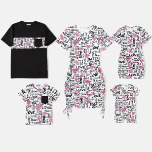 Family Matching Allover Heart & Letter Print Drawstring Ruched Bodycon Dresses and Short-sleeve T-shirts Sets #220519