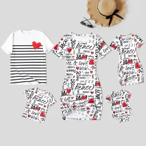 Family Matching Sets Allover Heart & Letter Print Twist Knot Body-con Dresses or Short-sleeve Striped T-shirts #217056