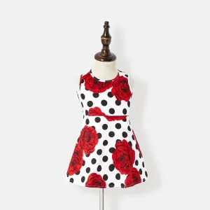 Family Matching Allover Red Rose Floral & Dots Print Tank Dresses and Short-sleeve Polo Shirts Sets #220540