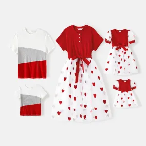 Family Matching Short-sleeve Cotton Ribbed Colorblock T-shirts and Allover Heart Embroidered Mesh Spliced Dresses Sets #220685