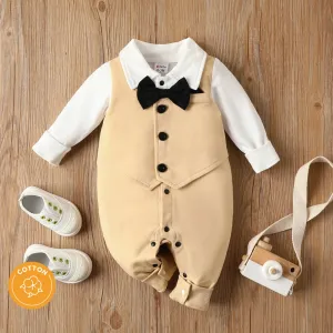 100% Cotton Baby Boy Gentleman Party Outfit Bow Tie Decor Button Front Long-sleeve Jumpsuit #205640
