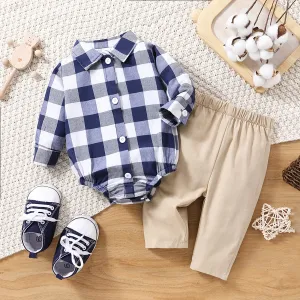 2pcs Baby Boy 100% Cotton Pants and Long-sleeve Button Up Plaid Shirt Romper Set #815432