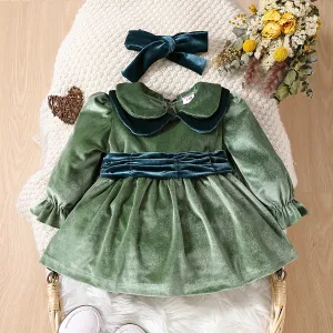 2pcs Baby Girl Contrast Peter Pan Collar Long-sleeve Velvet Party Dress with Headband Set #807403