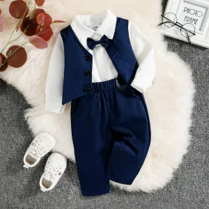 3pcs Baby Boy Party Outfits Gentleman Bow Tie Long-sleeve Shirt and Solid Waistcoat with Suspender Pants Set #215321