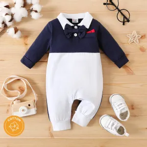 Baby Boy 95% Cotton Bow Tie Decor Contrast Collar Long-sleeve Spliced Jumpsuit Party Outfit #834024