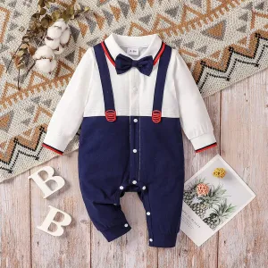 Baby Boy 95% Cotton Colorblock Long-sleeve Gentleman Bow Tie Jumpsuit Party Outfit #228882