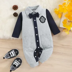 Baby Boy Gentleman Bow Tie Badge Design Party Outfit Colorblock Long-sleeve Button Jumpsuit #227099